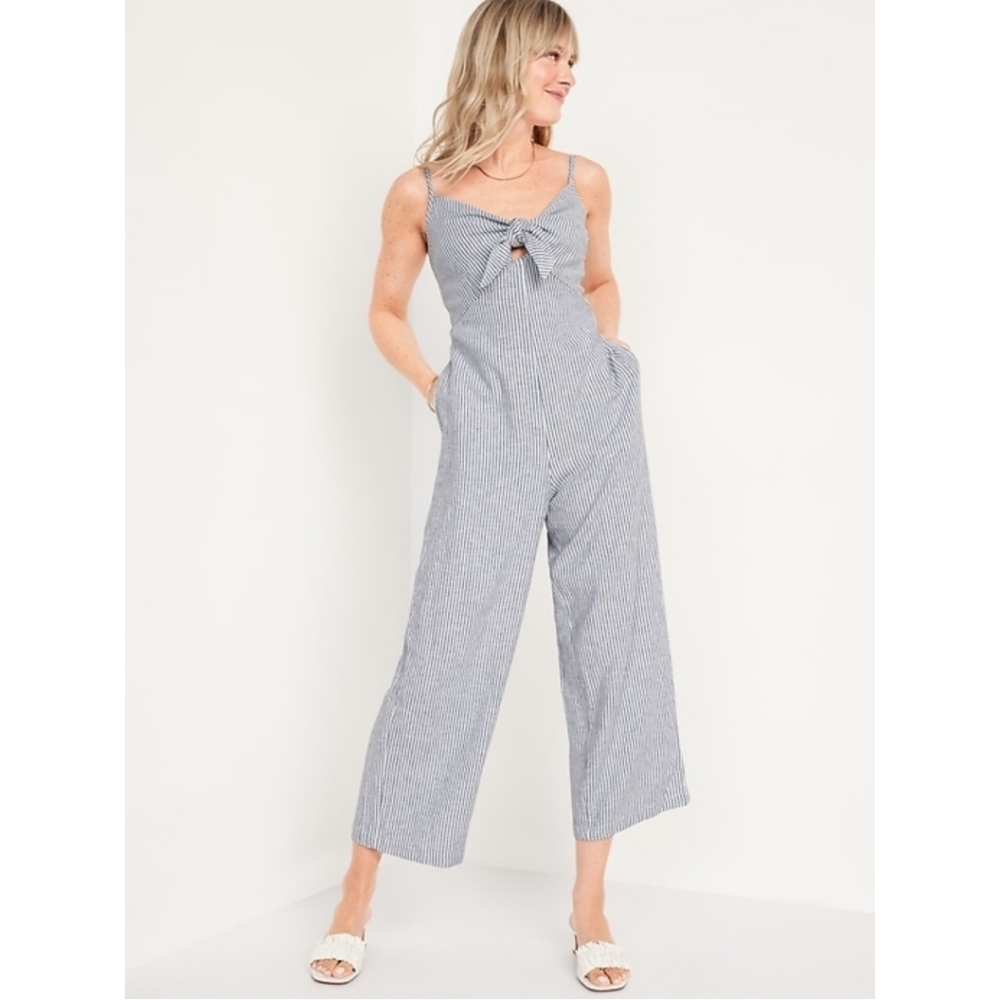 Old Navy Blue Striped Smocked Cropped Knotted Linen Blend Jumpsuit Size Medium